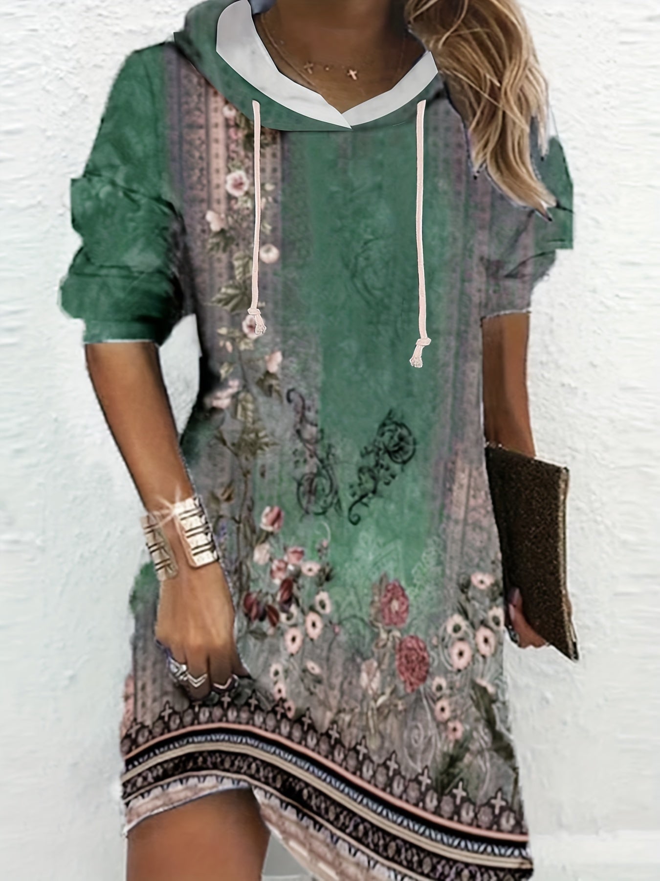 Floral Print Long Sleeve Hoodie Dress