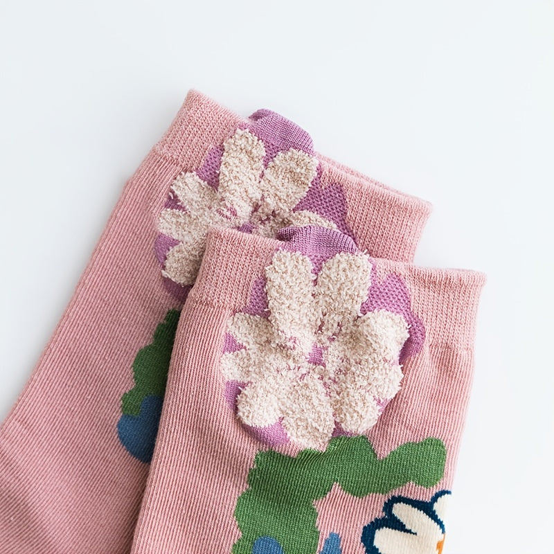 3 Pairs Floral Print Socks Breathable & Colorblock Women's Stockings