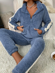 Colorblock Plush Lounge Set Zipper Top & Elastic Pants Women's Loungewear