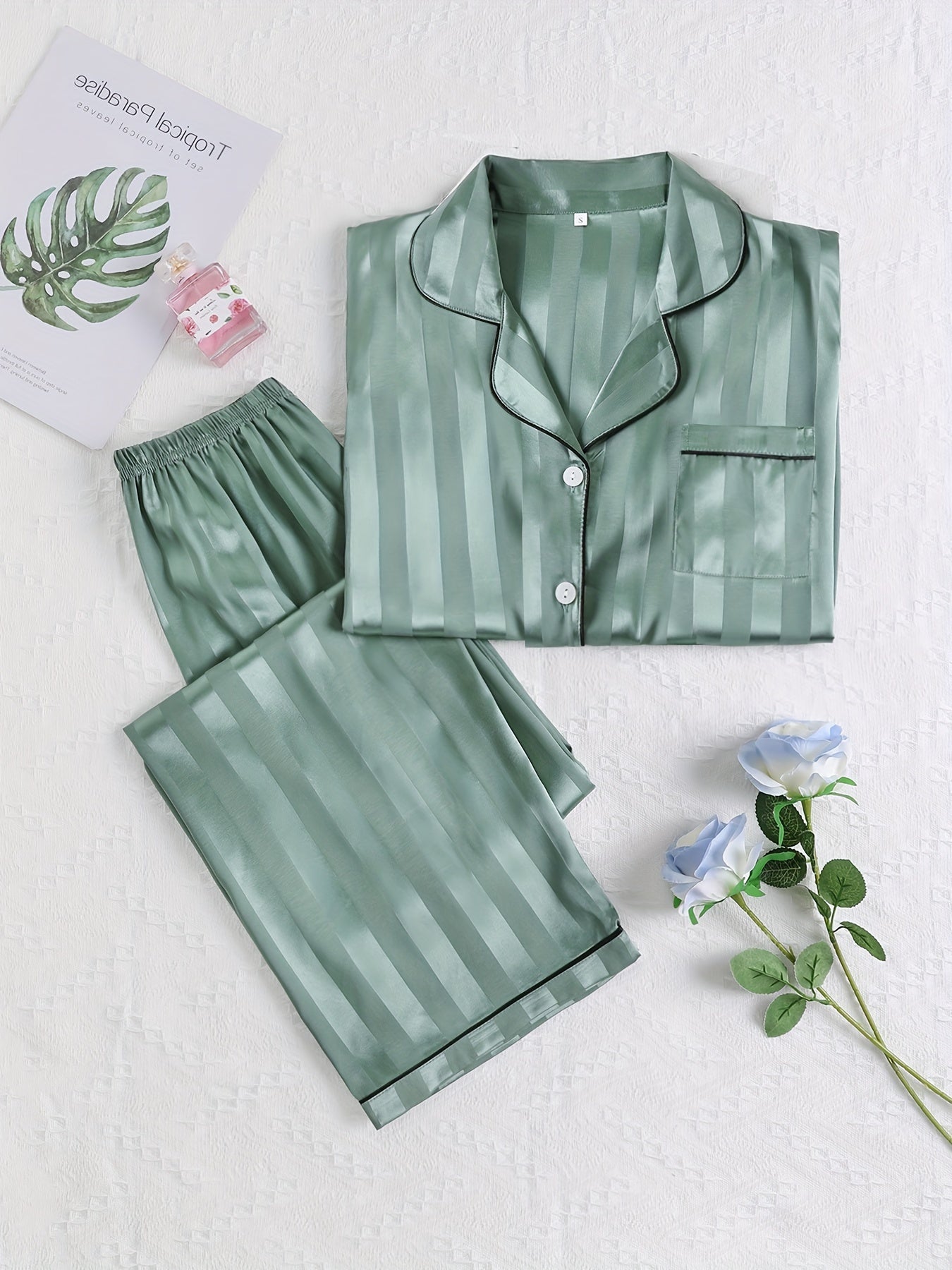 Striped Satin Pajama Set Long Sleeve Buttons Top & Elastic Waistband Pants