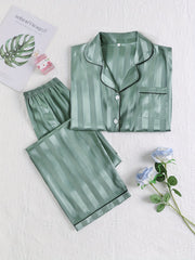 Striped Satin Pajama Set Long Sleeve Buttons Top & Elastic Waistband Pants