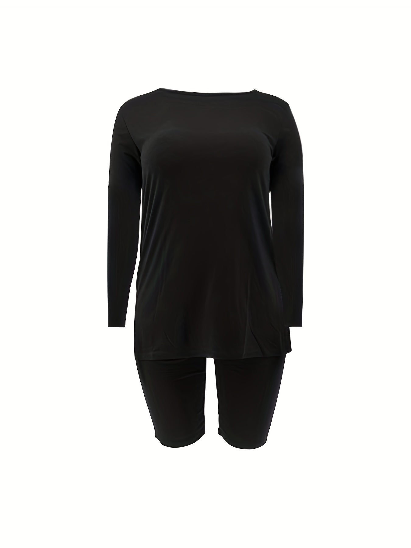 Women's Plus Solid Long Sleeve Top & Shorts Set