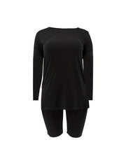 Women's Plus Solid Long Sleeve Top & Shorts Set