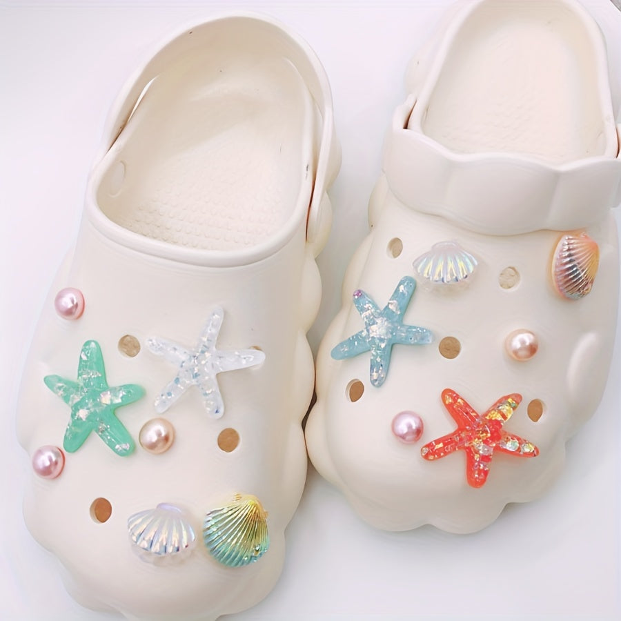 13pcs Shoe Charms For Crocs Translucent Starfish & Shell Pearl Summer Beach