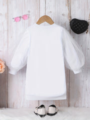 Girls' Letter Print Mesh Long Sleeve Dress - Party Holiday Outing