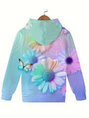 Flower Print Hooded Pullover Sweatshirt for Kids
