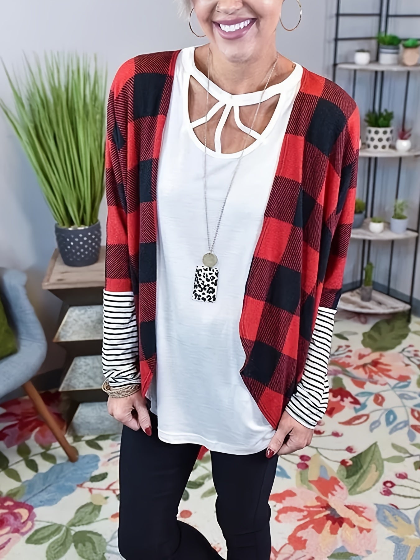 Striped & Plaid Print Long Sleeve Open Front Cardigan