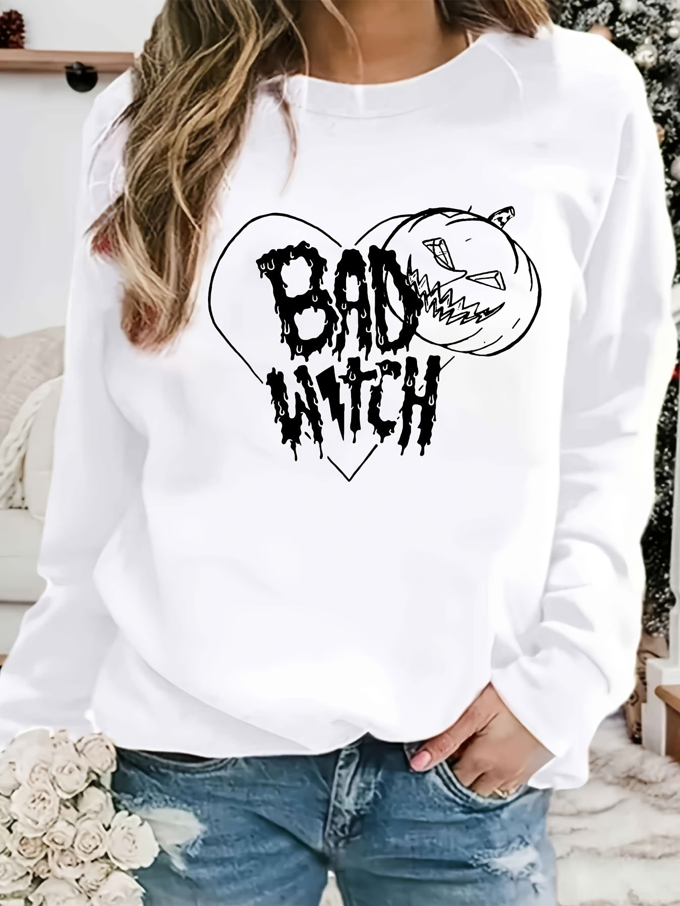 Halloween Bad Witch Print Sweatshirt Long Sleeve Crew Neck Women's Clothing