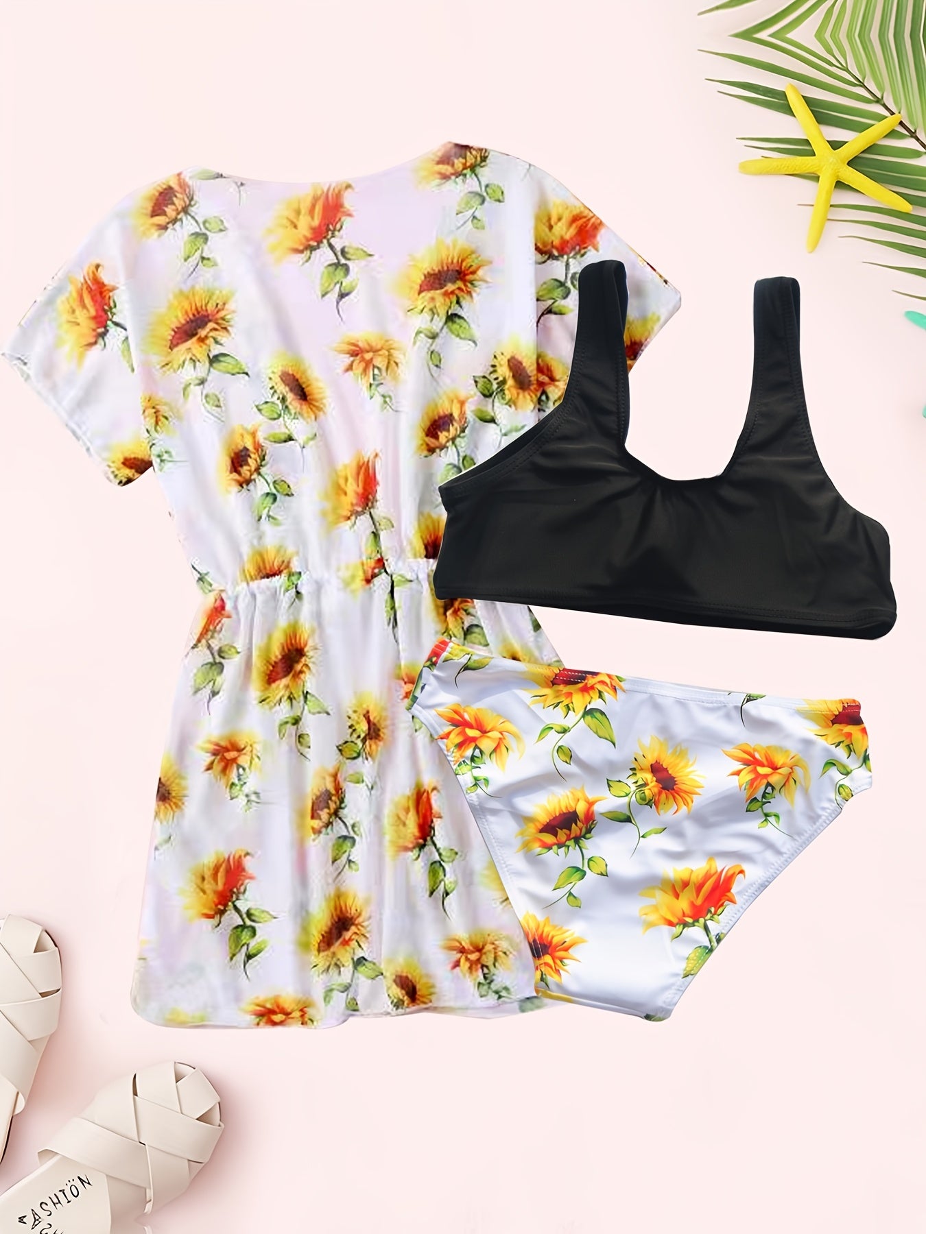 Girl's Floral Tropical Print Bikini Bathing Suit With Kimono