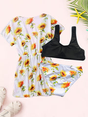 Girl's Floral Tropical Print Bikini Bathing Suit With Kimono