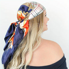 Navy Silk Square Scarf Plaid Large Shawl Women Headwrap Hair Accessories