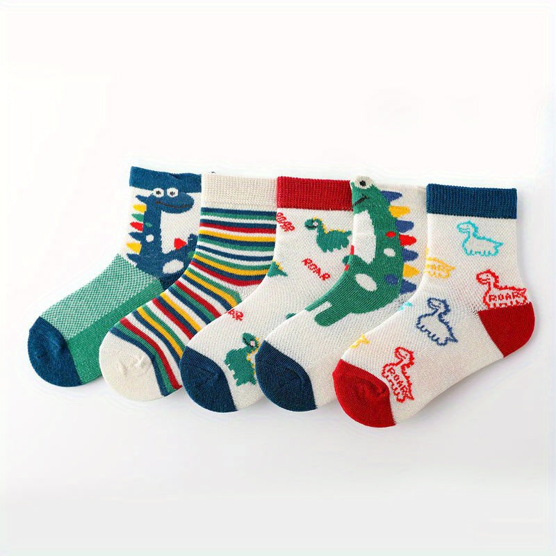 5pairs Boys Kids Cotton Blend Dinosaur Crew Socks Breathable Spring Summer