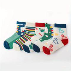 5pairs Boys Kids Cotton Blend Dinosaur Crew Socks Breathable Spring Summer