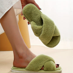 Women's Cross Strap Plush Indoor Slippers