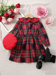 Girls' Collared Plaid Dress & Hat Set for Holiday Outfit