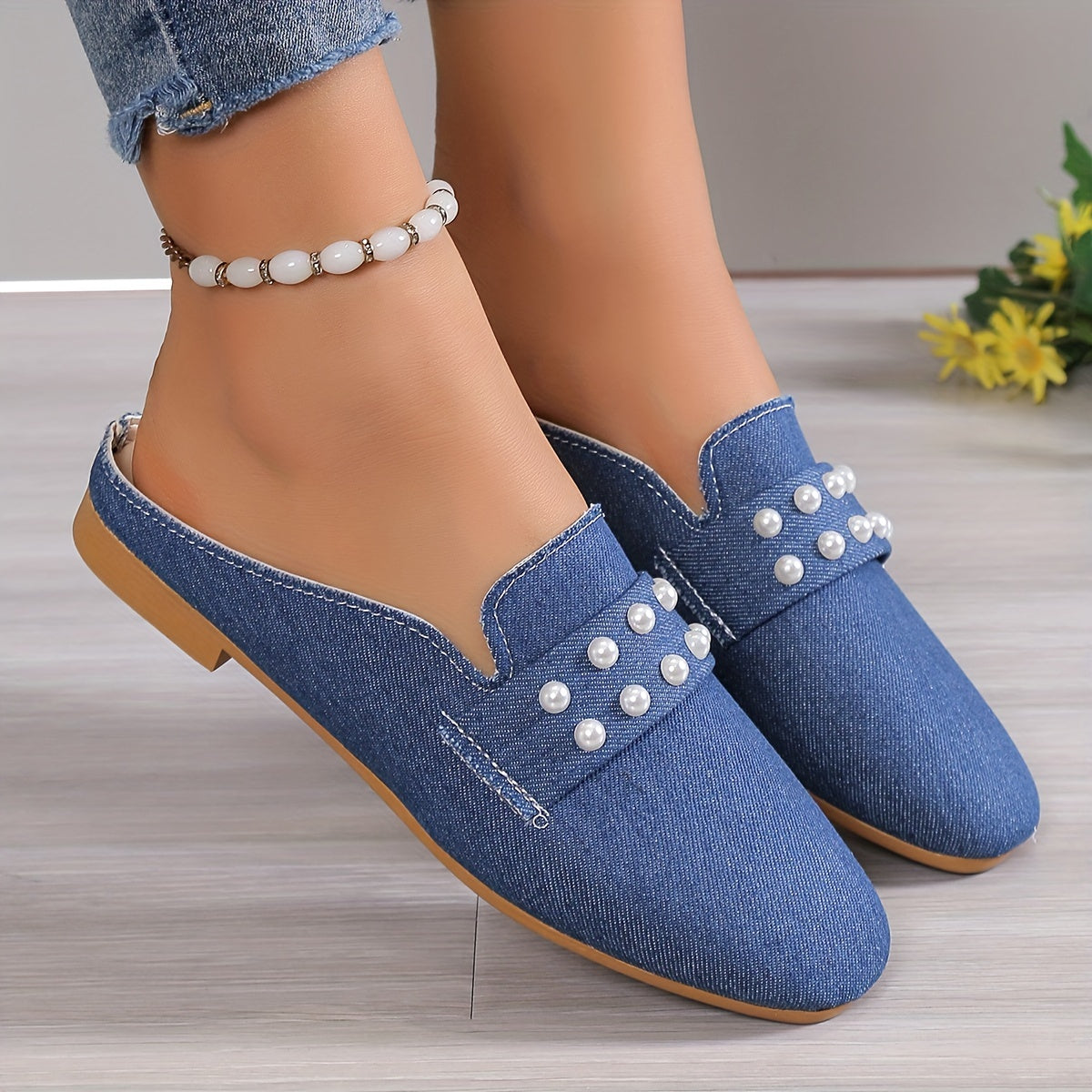 Women's Faux Pearl Flat Shoes Pointed Toe Slip On Denim Loafers