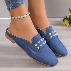 Women's Faux Pearl Flat Shoes Pointed Toe Slip On Denim Loafers