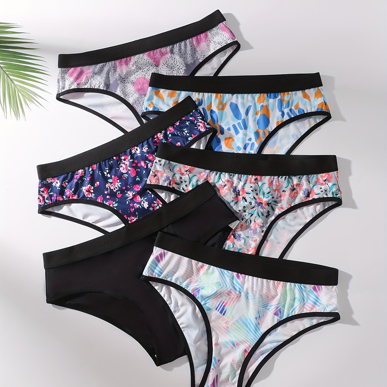 6 Pack Plus Size Floral Print Mid Waist Briefs Set