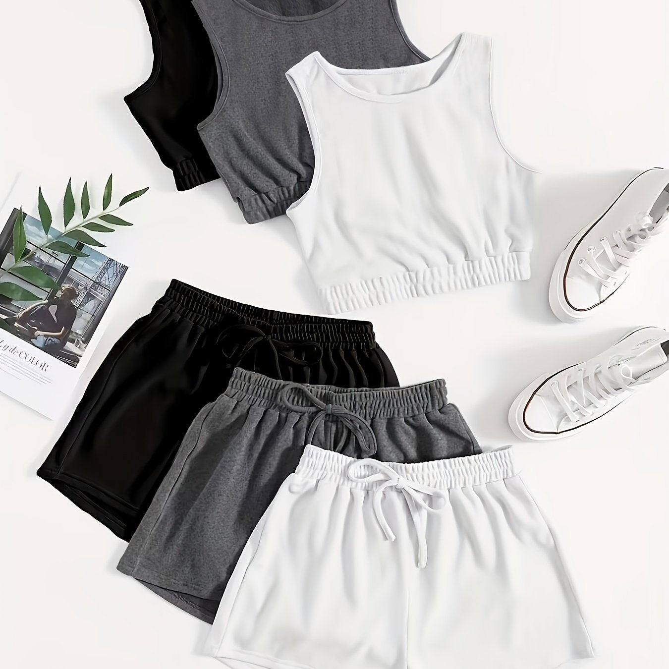 6 Pack Plus Size Loungewear Set Solid Crop Tank Top & Tie Shorts