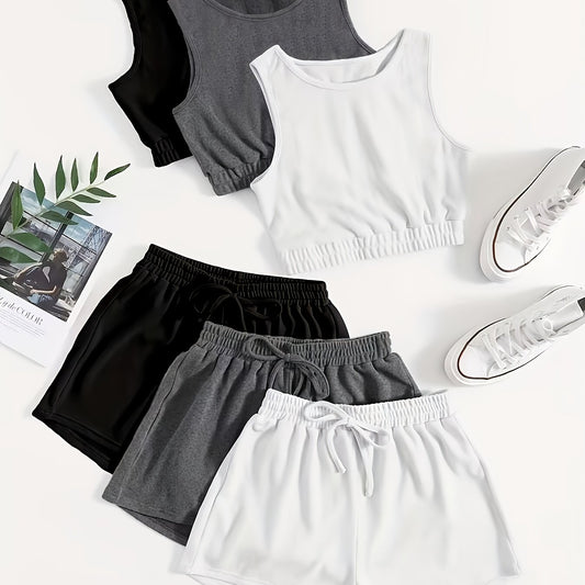 6 Pack Plus Size Loungewear Set Solid Crop Tank Top & Tie Shorts