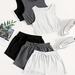 6 Pack Plus Size Loungewear Set Solid Crop Tank Top & Tie Shorts