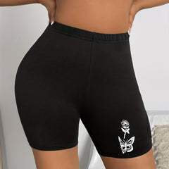 Butterfly & Flower Print Casual Workout Slim Shorts