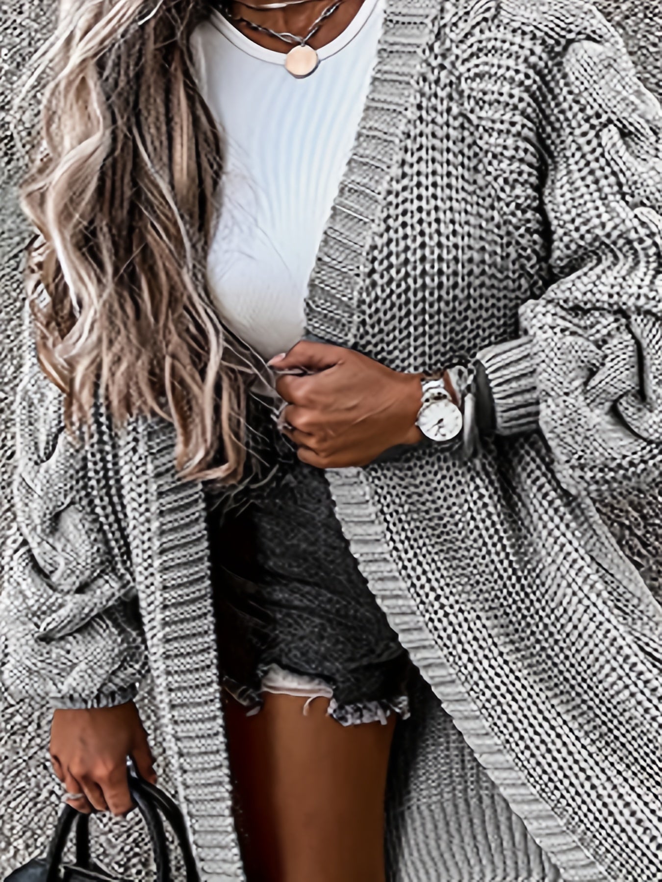 Cable Lantern Sleeve Open Front Cardigan