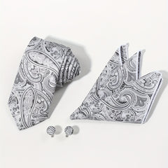 4pcs Silvery Paisley Jacquard Tie Set with Lapel Pin Brooch