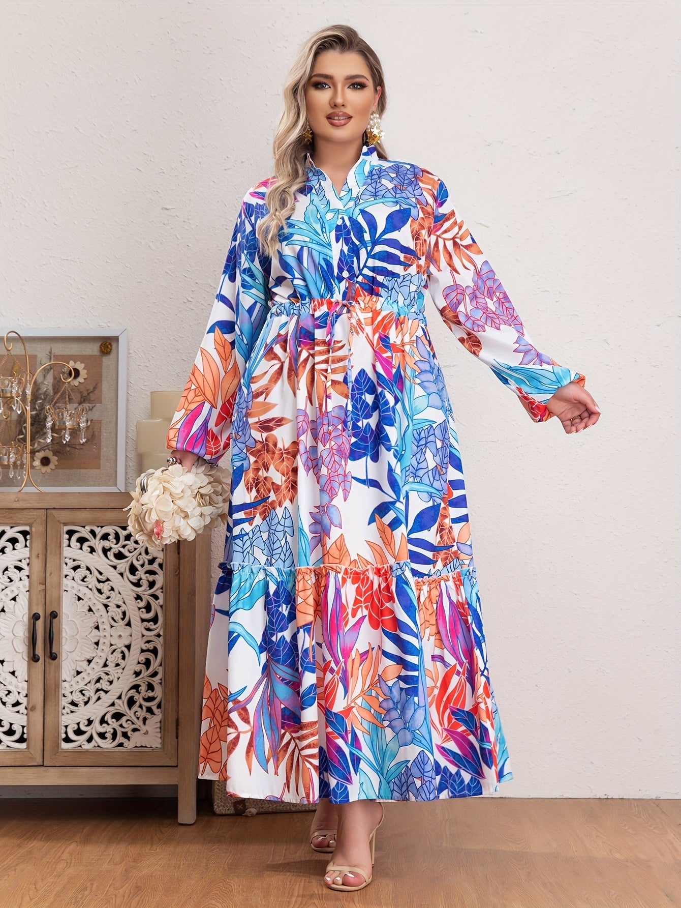 Floral Print Long Sleeve V Neck Maxi Smock Dress