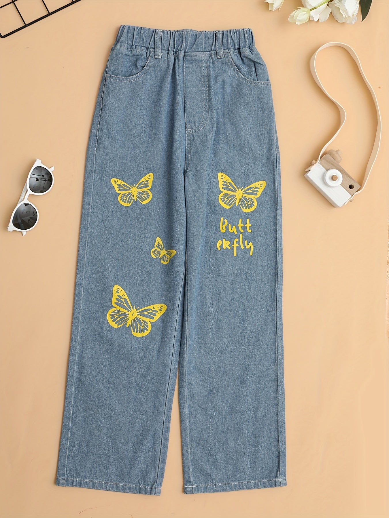 Girls Butterfly Graphic Pocket Casual Sports Loose Elastic Waist Wide Leg Jeans