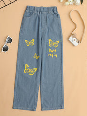 Girls Butterfly Graphic Pocket Casual Sports Loose Elastic Waist Wide Leg Jeans