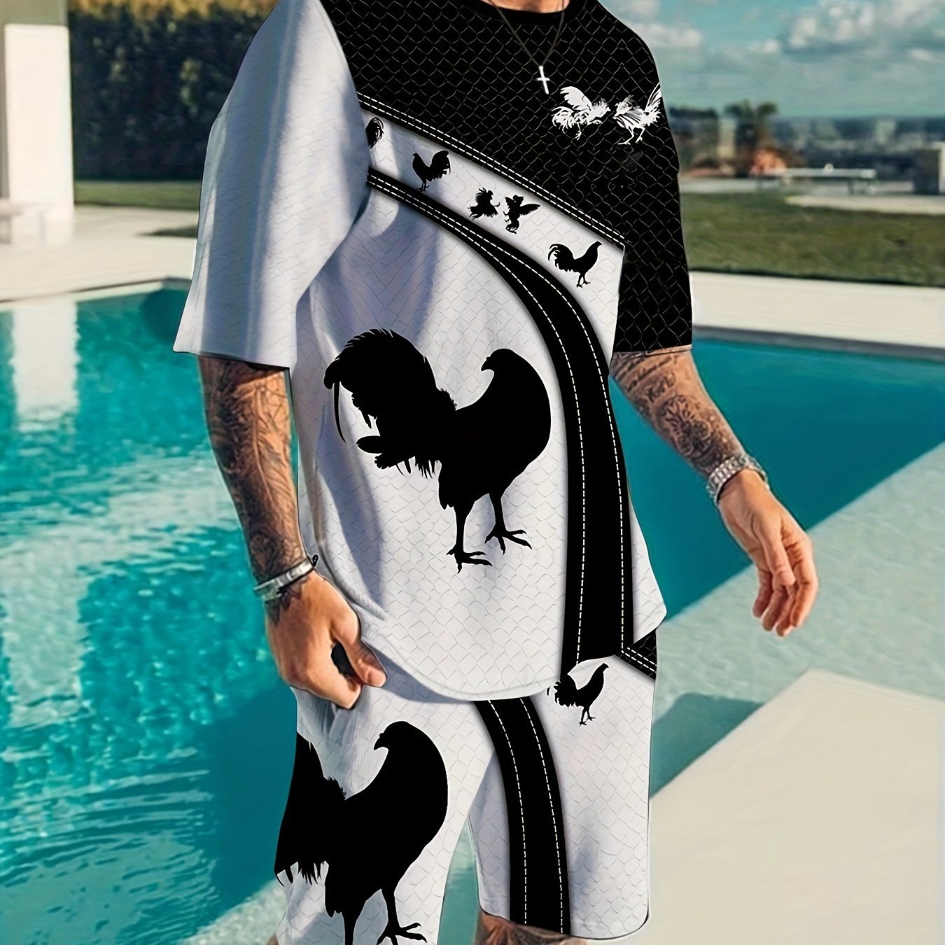 Rooster Pattern Mens 2 Piece Shorts Set Summer Casual Outfit