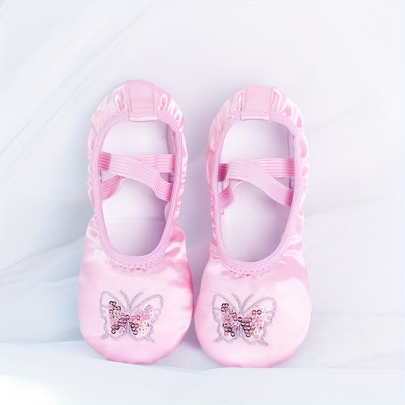Girls Satin Ballet Dance Shoes with Sequins Embroidery