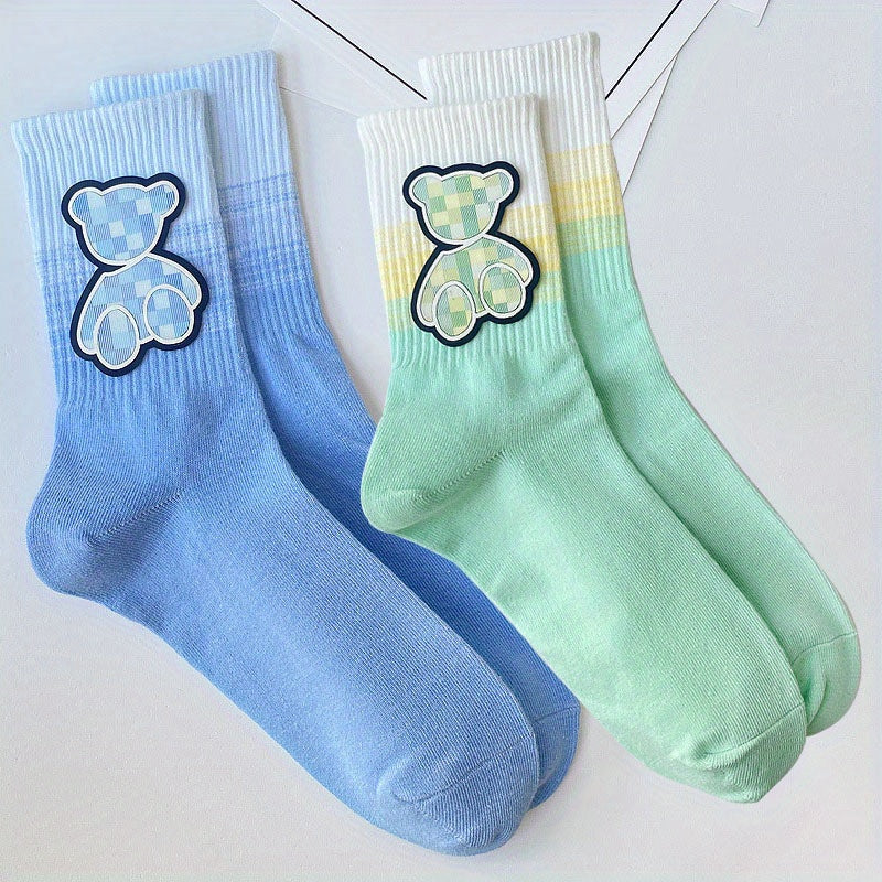 2 Pairs Bear Pattern & Ombre Mid Tube Socks Women's Stockings