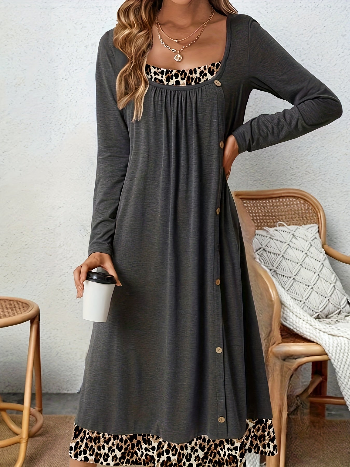 Colorblock Leopard Print Square Neck Midi Dress