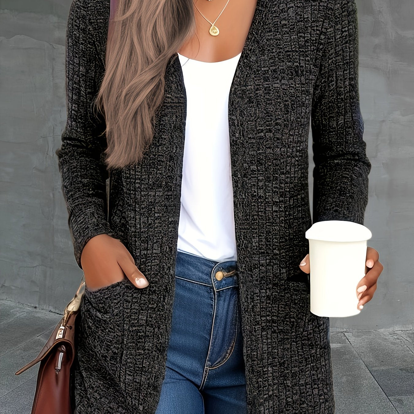 Solid Long Sleeve Open Front Cardigan With Pockets