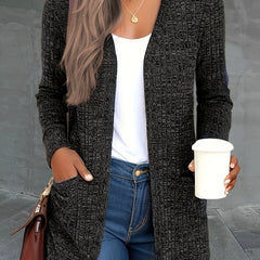 Solid Long Sleeve Open Front Cardigan With Pockets