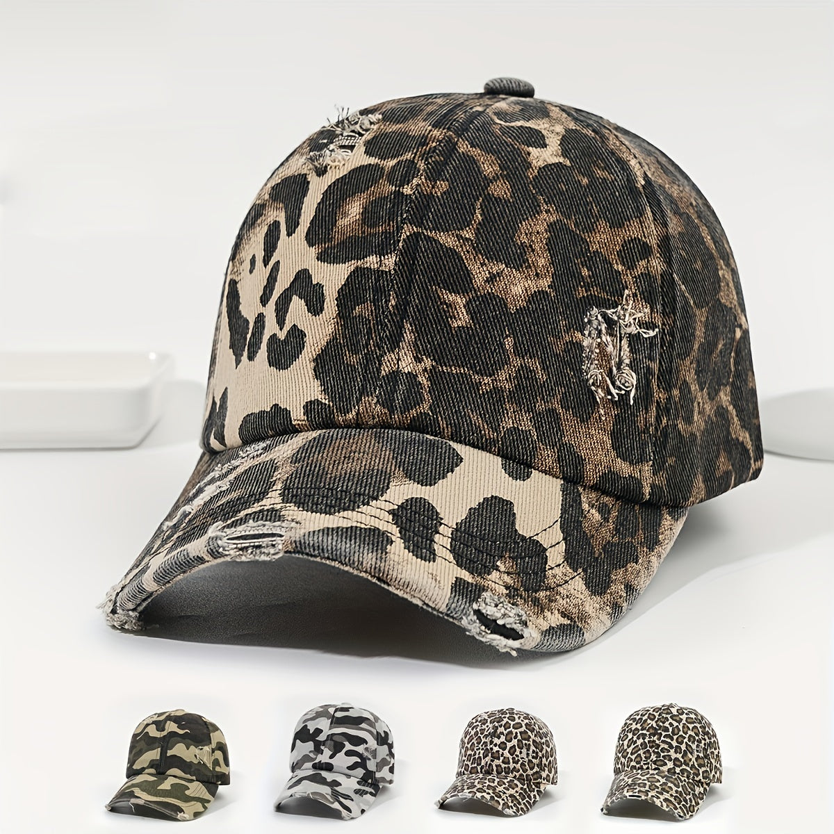Washed Distressed Baseball Cap Camouflage Leopard Print Dad Hats Adjustable