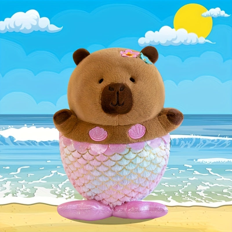 Mermaid Capybara Stuffed Animal with Pink Floral Accents