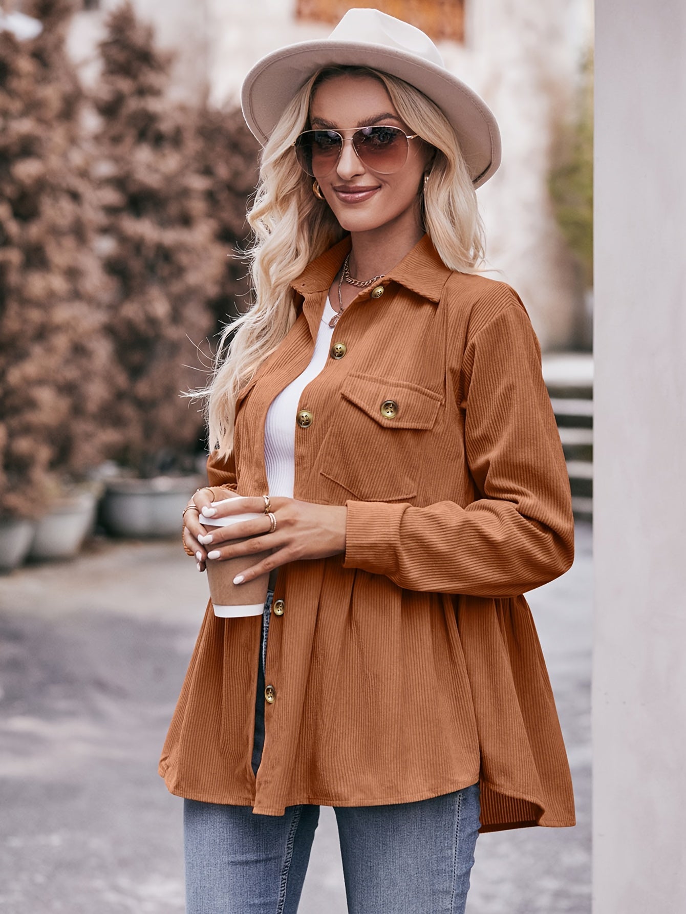 Ribbed Button Up Long Sleeve Blouse