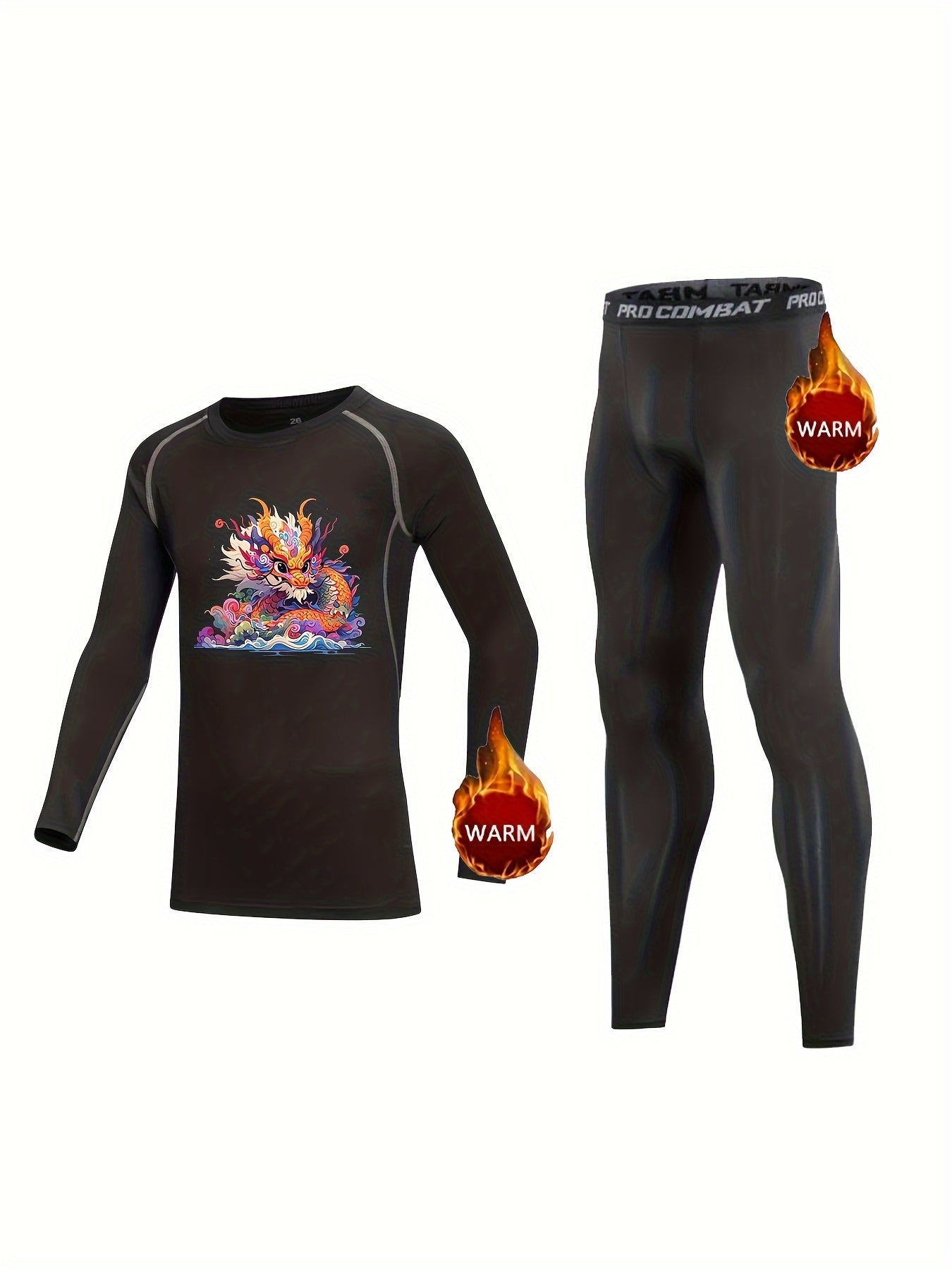 2pcs Kids Compression Fleece Sets Dragon Pattern Crew Neck Pullover and Pants