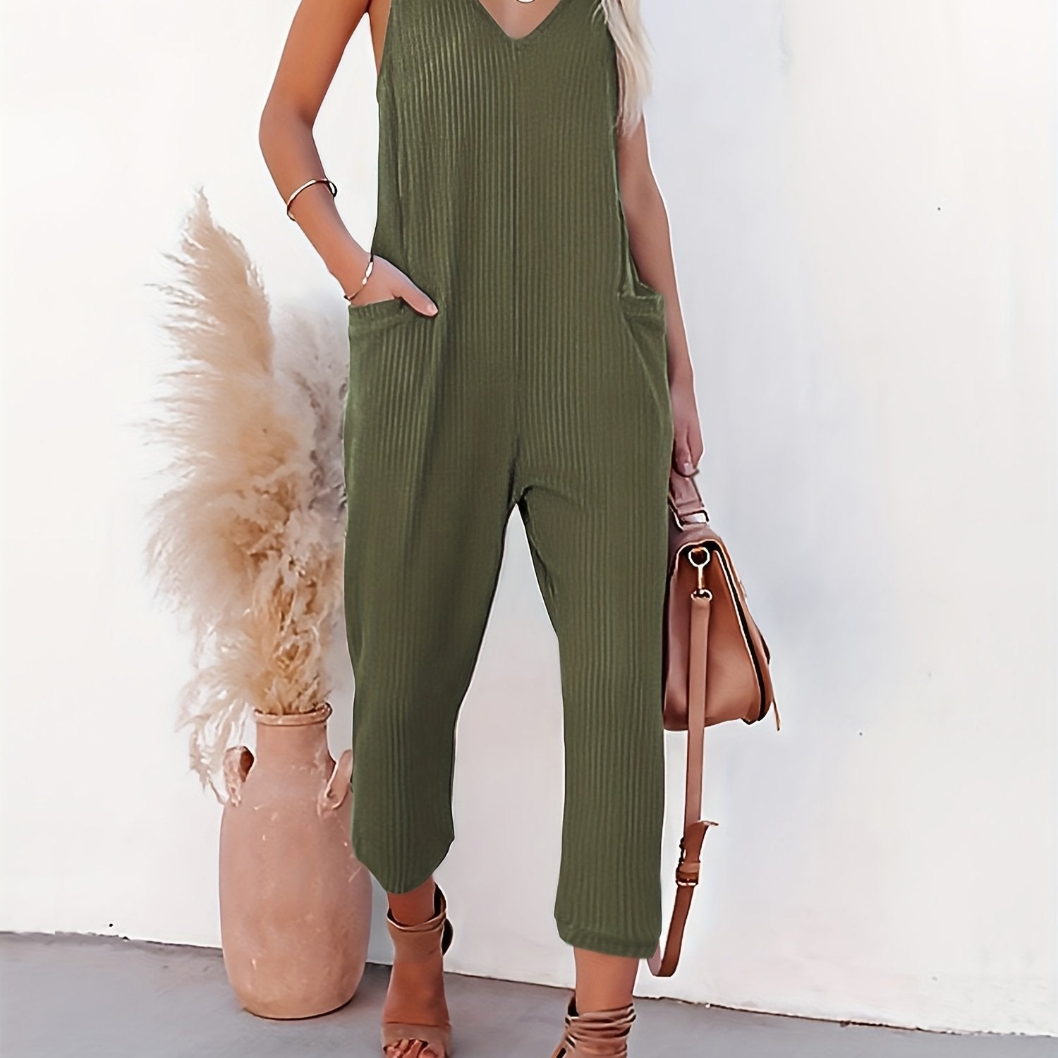 Casual V Neck Jumpsuit With Pockets