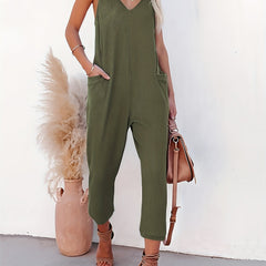 Casual V Neck Jumpsuit With Pockets