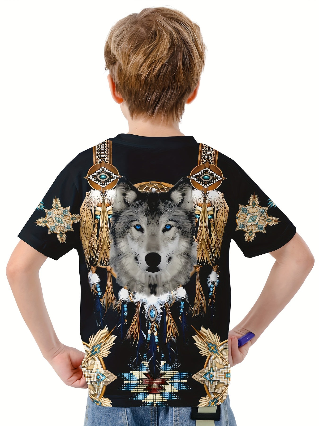 Wolf 3D Print Boy's Tee Short Sleeve Crew Neck Comfy T-shirt Kids Summer Sports