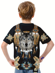 Wolf 3D Print Boy's Tee Short Sleeve Crew Neck Comfy T-shirt Kids Summer Sports