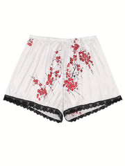 Satin Floral Print Lace Trim Pajama Set