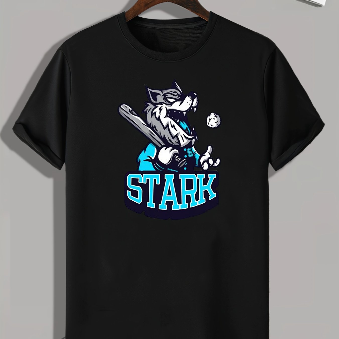 Wolf & Baseball Pattern Print Men's Comfy Sports T shirt
