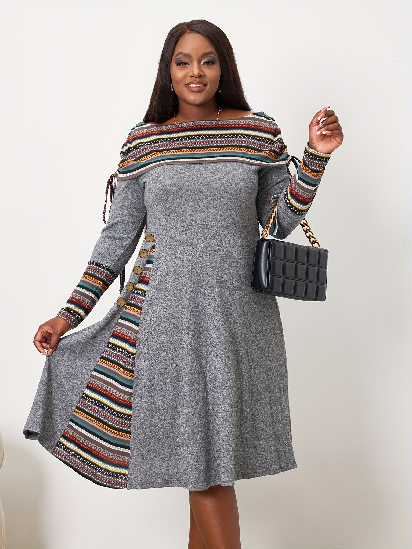 Boho Plus Geometric Print Drawstring Ruched Dress