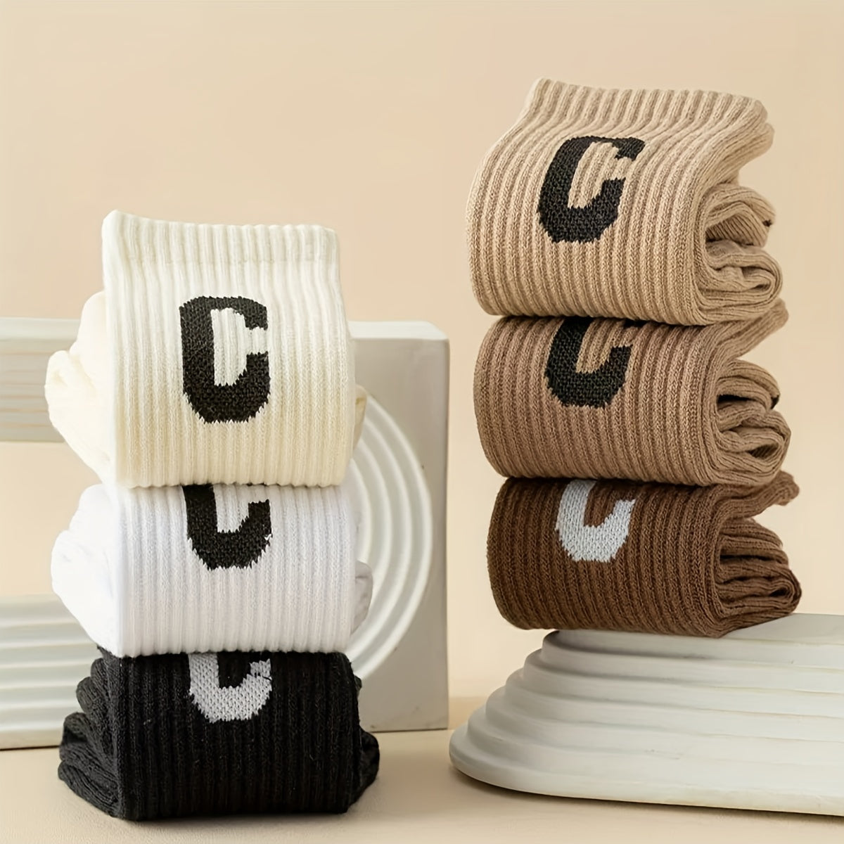 5 Pairs Letter Print Ribbed Socks Women's Mid Tube Stockings