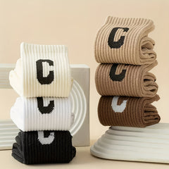 5 Pairs Letter Print Ribbed Socks Women's Mid Tube Stockings